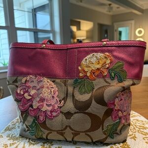 Coach Bleecker Signature Floral Applique Pink and Khaki Canvas Handbag
